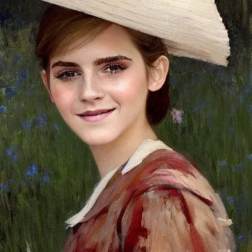 Image similar to thick paint brush strokes full body fashion model smiling squinting emma watson by Jeremy Lipking by Hasui Kawase by Richard Schmid (((smokey eyes makeup eye shadow fantasy, glow, shimmer as victorian woman in a long white frilly lace dress and a large white hat having tea in a sunroom filled with flowers, roses and lush fern flowers ,intricate, night, highly detailed, dramatic lighting))) , high quality