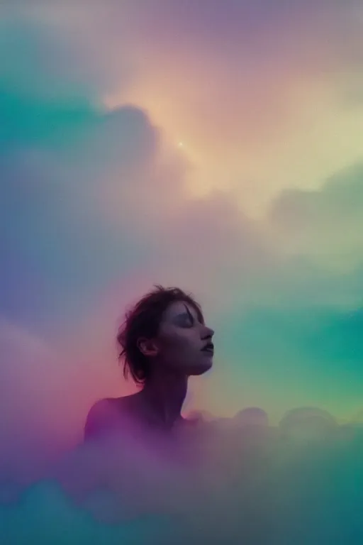 Prompt: high quality pastel coloured film close up wide angle photograph of a model wearing clothing resting on cloud furniture in a icelandic black rock environment in a partially haze filled dreamstate world. three point light, rainbow. photographic production. art directed. pastel colours. volumetric clouds. pastel gradient overlay. waves glitch artefacts. extreme facial clarity. 8 k. filmic.