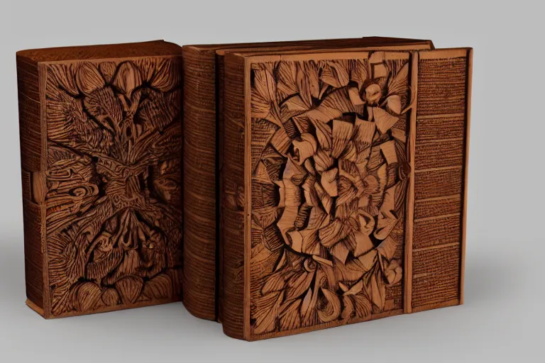 Image similar to a book carved out of wood, wooden book, 3d render, octane render, CGSociety, CGI, 3d model, studio lighting, 8k, wood carving