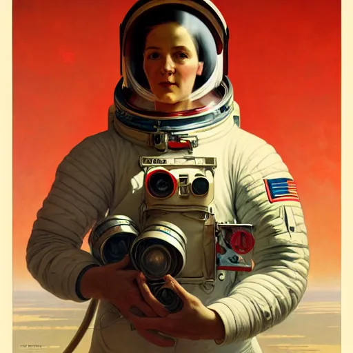 Image similar to socialist realism propaganda poster portrait of and astronaut woman, socialist realism, highly detailed, intricate, digital painting, artstation, sharp focus, illustration, art by jakub rozalski, greg rutkowski, artgerm, tan zi and ayanamikodon and alphonse mucha and wlop