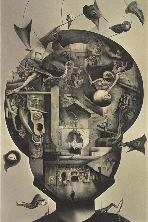 Image similar to dada nihilist discordian surreal collage made of cut up art by mc escher, walt disney, hr giger and beksinski. 8 k resolution. william s burroughs