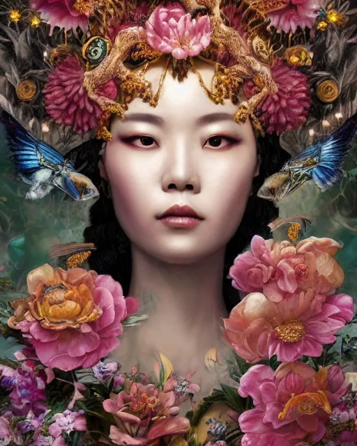 Image similar to portrait of the chinese queen of the underworld, surrounded by flowers by karol bak, james jean, tom bagshaw, rococo, sharp focus, trending on artstation, cinematic lighting, hyper realism, octane render, 8 k, hyper detailed.