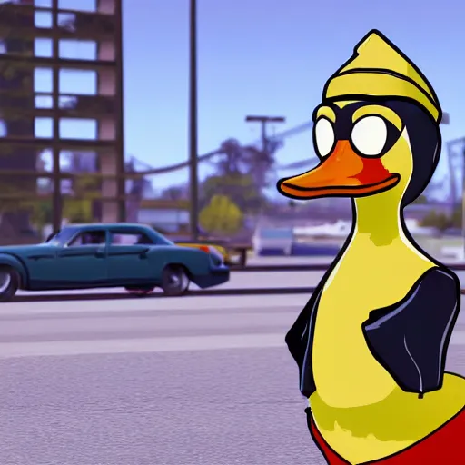 Prompt: An anthropomorphic duck as a GTA character, GTA artwork midshot, by Rockstar Games