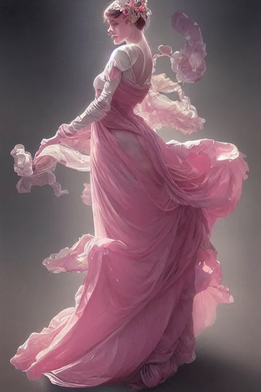 Image similar to woman dressed in a vaporous wrapped large victorian pink roses silk semi-transparent dress fashion is running D&D, fantasy, intricate, elegant, highly detailed, digital painting, artstation, concept art, matte, sharp focus, illustration, art by Artgerm and Greg Rutkowski and Alphonse Mucha