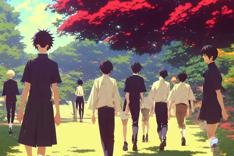 Image similar to boy's love anime high school spring noon scene, high detail concept art, perfect proportions fine face, tall handsome guys, close together romantic undertones, avant designer uniform, vivid colors, realistic shaded lighting poster fantasy art ilya kuvshinov, kyoani, katsuhiro, jeremy lipking and michael germash, makoto shinkai, loish, best selling artist