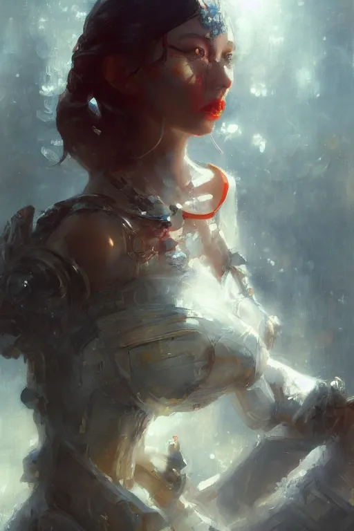 Prompt: snow white, robopunk, oil painting, sunlit, paint texture, digital painting, highly detailed, artstation, sharp focus, illustration, concept art, ruan jia, wlop, nick gan