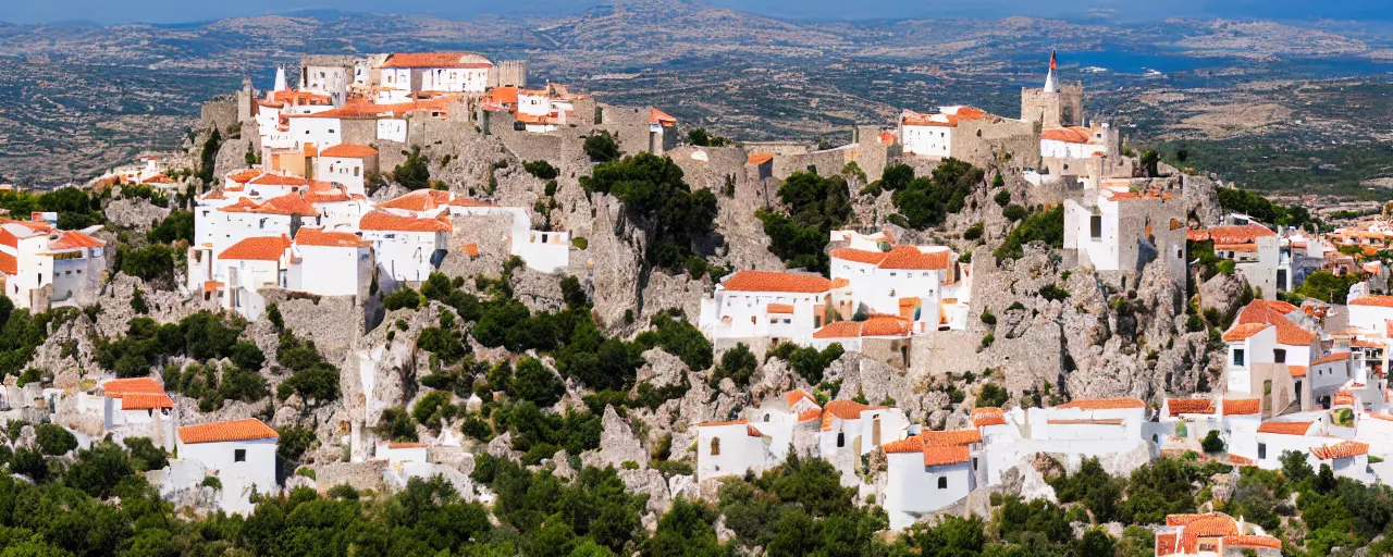 Prompt: 35mm photo of the Spanish castle of Salobrena on the top of a large rocky hill overlooking a white Mediterranean town, white buildings with red roofs, ocean and sky by June Sun