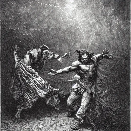 Image similar to A scene from Tekken 7, wood engraving, by Gustave Dore