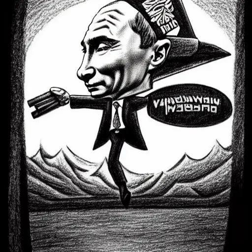 Prompt: vladimir putin riding a bomb in the sky, waving a cowboy hat, cartoonish, ultra detailed pencil art