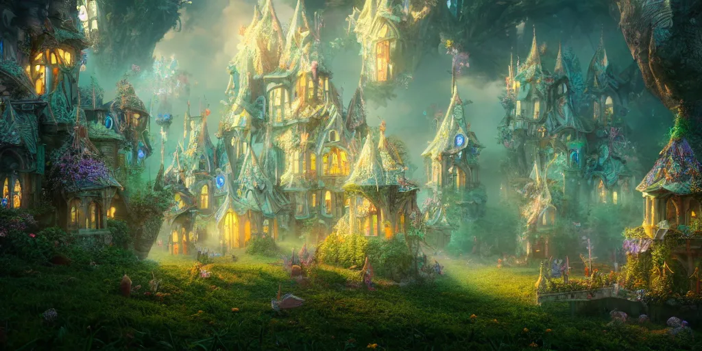 Prompt: in an ethereal magical fairy city, highly detailed, 8 k, hdr, award - winning, octane render, artstation, volumetric lighting