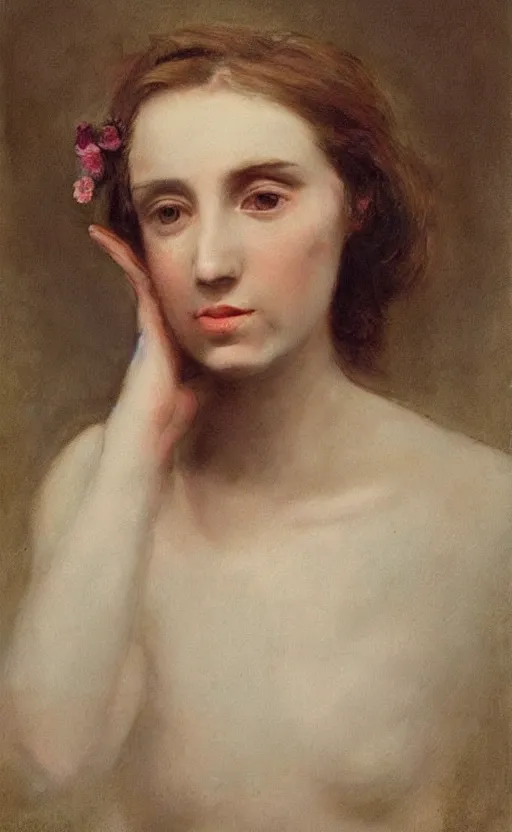 Image similar to portraiture!! of a woman! short brown hair! looking at us, flowers!!! in the hair, by thomas denenberg