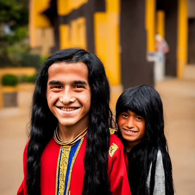 Prompt: A photo of Emperor Kuzco!!!!!!!!!!!!!!!! in his 13s, peruvian boy looking, with his long black hair, smiling with confidence, and wearing!!! his emperor clothes. Portrait by Terry Richardson. Golden hour. 8K. UHD. Bokeh.