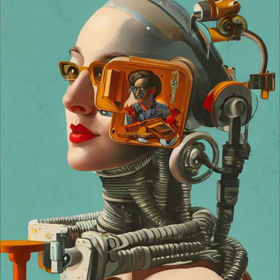 Image similar to robot artist painting a self - portrait on a canvas. intricate, highly detailed, photorealistic, film still, in the style of alexandros pyromallis, and in the style of sachin teng, and in the style of gil elvgren.