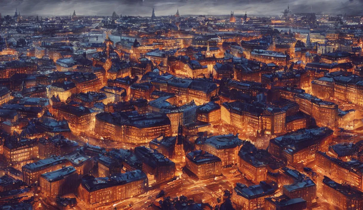 Image similar to a beautiful painting of a stockholm city sweden, cinematic angle, studio lighting, movie concept, trending on artstation, octane render, 8 k, ultra high detail