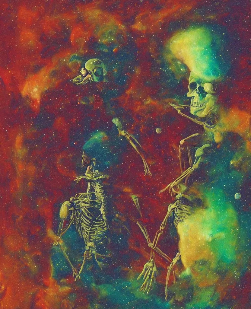 Prompt: a psychedelic cosmonaut skeleton tearing his suit off, rainbow melting color scheme, floating in the cosmos nebula, glass space helmet, Beksinski