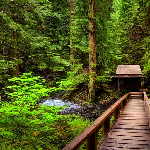 Image similar to Lodge in the Pacific Northwest forest, creek, wooden bridge, waterfall, hdr photo, award winning photo, ultrawide