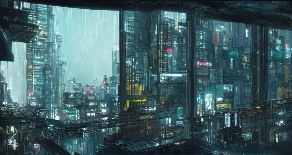Image similar to epic digital matte paining of a cyberpunk balcony by Jama Jurabaev and Denis Villeneuve, extremely detailed, artstation