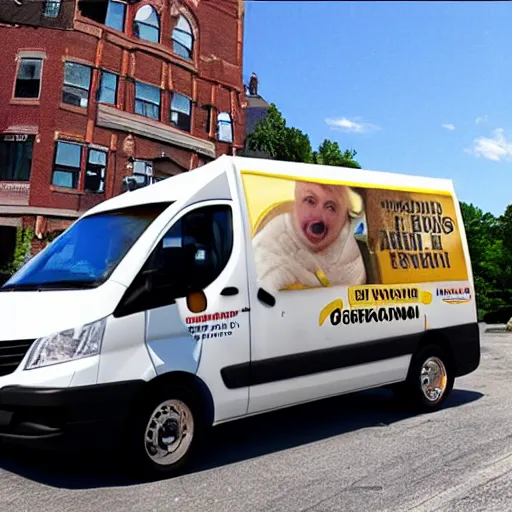 Image similar to ellen degenerates driving a potato van filled with mailmen in pittsburgh real life, 8 k, 4 k uhd, realistic, hyper realistic, super detailed, very detailed, detailed