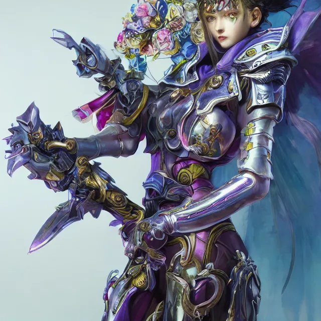 Image similar to studio portrait of lawful good colorful female holy mech paladin as absurdly beautiful, elegant, young sensual gravure idol, ultrafine hyperrealistic detailed face illustration by kim jung gi, irakli nadar, intricate linework, sharp focus, bright colors, matte, octopath traveler, final fantasy, unreal engine highly rendered, global illumination, radiant light, intricate environment