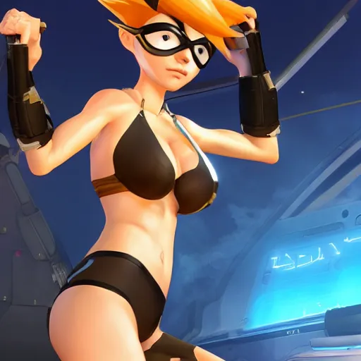 tracer game character, in black bikini, blonde hair