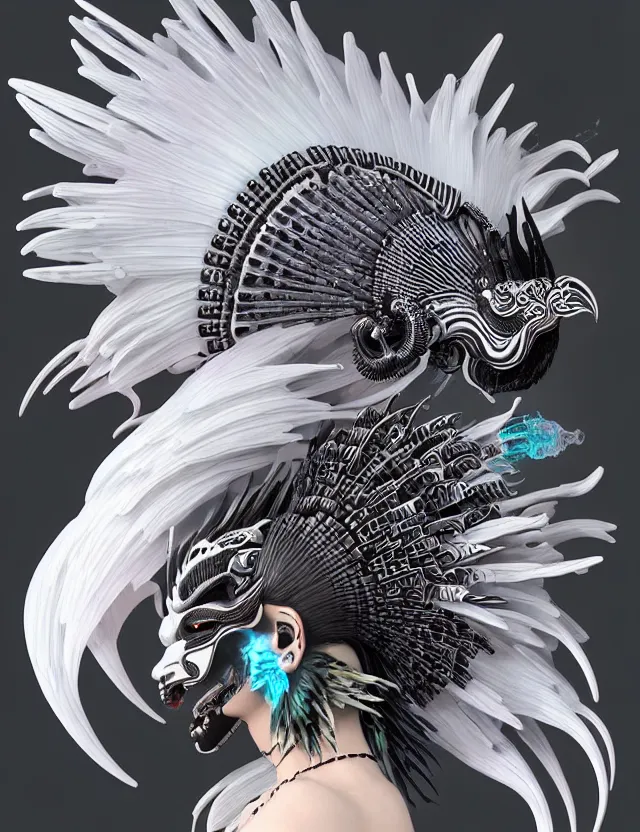 Image similar to 3 d goddess close - up profile simple portrait punk with mohawk with goat skull. beautiful intricately detailed japanese crow kitsune mask and clasical japanese kimono. betta fish, jellyfish phoenix, bio luminescent, plasma, ice, water, wind, creature, artwork by tooth wu and wlop and beeple and greg rutkowski