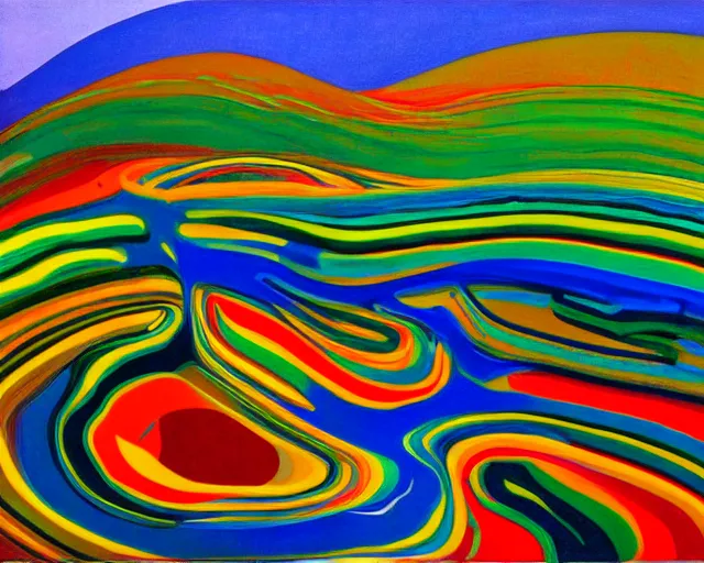 Image similar to A wild, insane, modernist landscape painting. Wild energy patterns rippling in all directions. Curves, organic. Saturated color. Mountains. Clouds. Rushing water. Wayne Thiebaud.