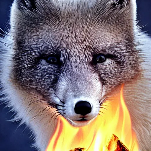Prompt: surrealistic arctic fox bring fire and destruction to the world photorealistic symmetrical detailed fractal