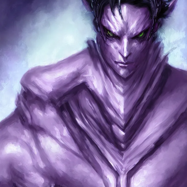 Image similar to Handsome purple and Teal skinned Tiefling, striking azure eyes, black hair, Yoshitaka Amano, digital art