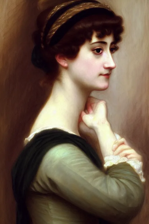 Image similar to jane austen, angry, painting by rossetti bouguereau, detailed art, artstation