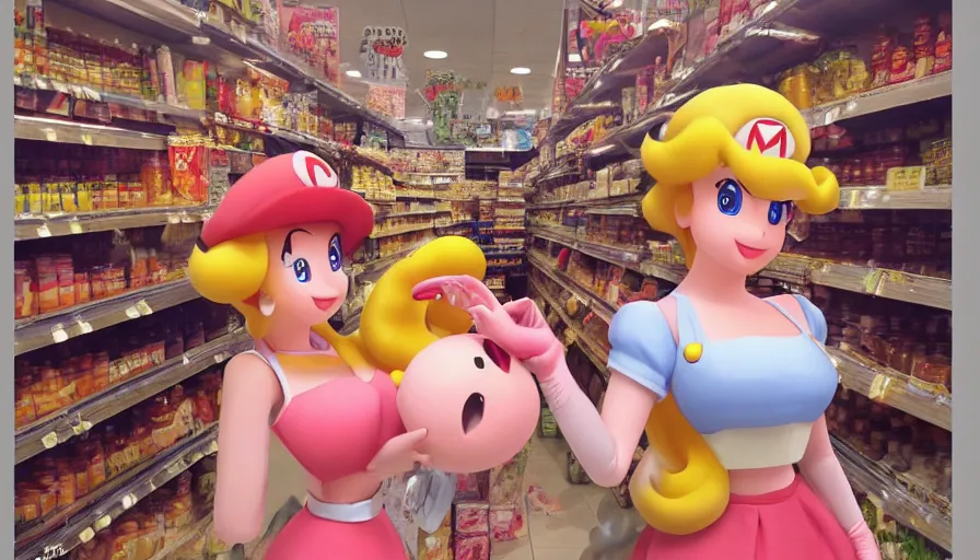 Image similar to photography of princess peach from mario in a grocery store with frock, in the mushroom kingdom, mario theme grocery store around, winter, anime style character, clean soft lighting, backlit beautiful face, clean brush stroke, 8 k character concept art, by wolp and artgerm ， 3 d