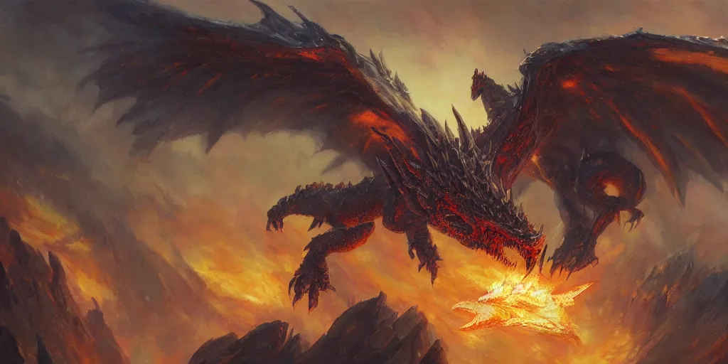 Image similar to oil painting of one deathwing dragon from world of warcraft flying down on earth by greg rutkowski, closed up view