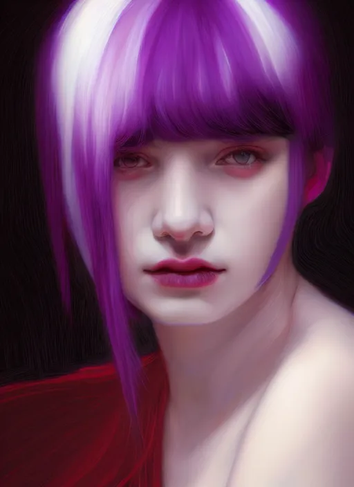 Image similar to portrait of teenage girl with white bangs, red irises, bangs, black and white hair, purple clothes, white bangs, two color hair, black hair and white bangs, intricate, elegant, glowing lights, highly detailed, digital painting, artstation, concept art, smooth, sharp focus, illustration, art by wlop, mars ravelo and greg rutkowski