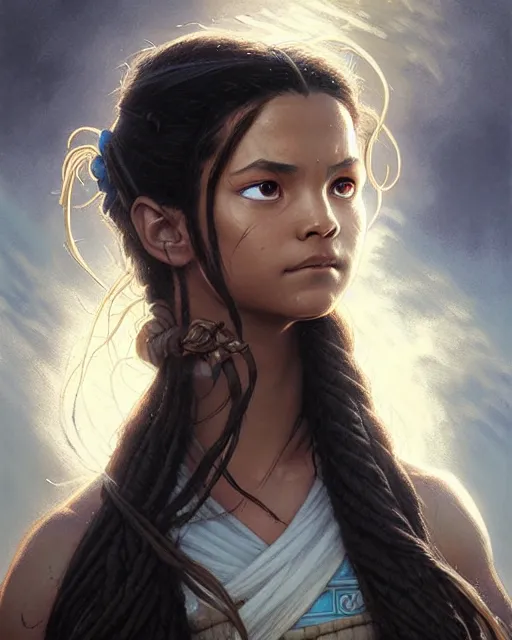 Image similar to katara from avatar the last airbender, character portrait, portrait, close up, concept art, intricate details, highly detailed by greg rutkowski, michael whelan and gustave dore