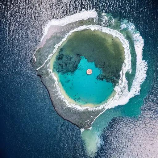 Prompt: a giant monster sitting on a small island in the ocean, aerial view, realistic lighting