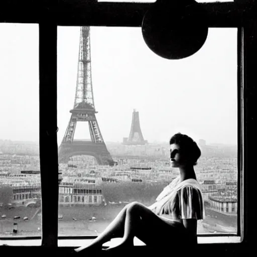 Image similar to a young edwardian woman sits in a window overlooking paris with the eiffel tower visible in the background, the moon is behind the eiffel tower