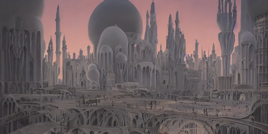 Image similar to a beautiful painting of islamic architecture, city landscape, islamic architecture, louis kahn, fantasy, futuristic, by yves tanguy, trending on artstation