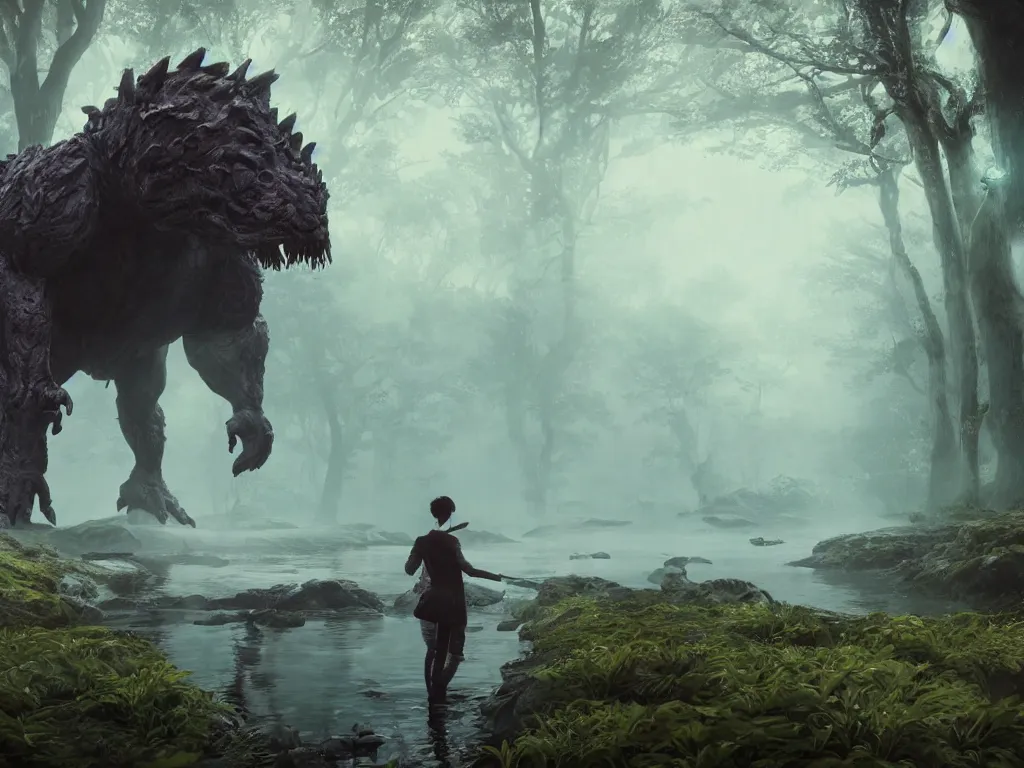 Image similar to animal monster with elemental magic hunting in foggy river. vaporwave, unreal engine 5, greg rutkowski, lois van baarle, ilya kuvshinov, global illumination, detailed and intricate environment. hyperrealistic, volumetric lighting. epic cinematic shot, perfectly defined features, ambient occlusion