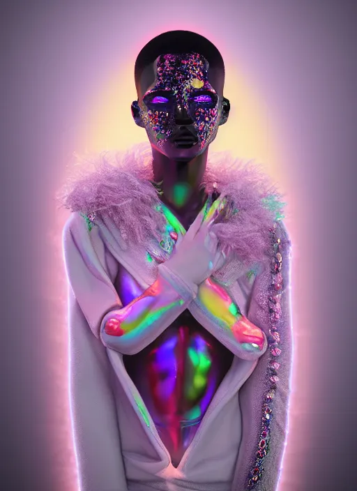 Image similar to photo of baroque and bladerunner delicate neon diamond sculpture of seductive ceramic albino prince reece king dotado creamy orange iridescent humanoid deity wearing white fluffy hoody holding diamond skull in a black metallic dungeon, reclining, glowing rainbow face, crown of white diamonds, cinematic lighting, photorealistic, octane render 8 k depth of field 3 d