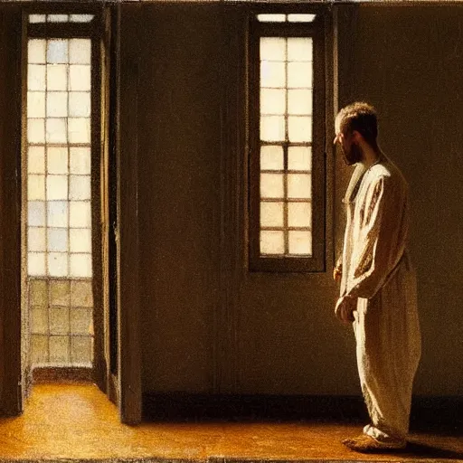 Prompt: person in pyjamas standing near window, sun rays, daylight, french door window, 2 4 mm, anamorph lenses, photorealistic, high ceiling, painting by thomas eakins
