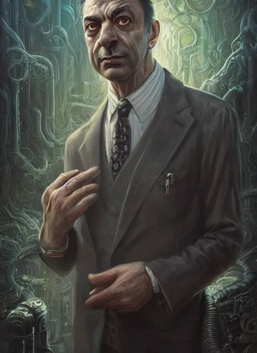 Image similar to lovecraft biopunk portrait of rowan sebastian atkinson by tomasz alen kopera and peter mohrbacher