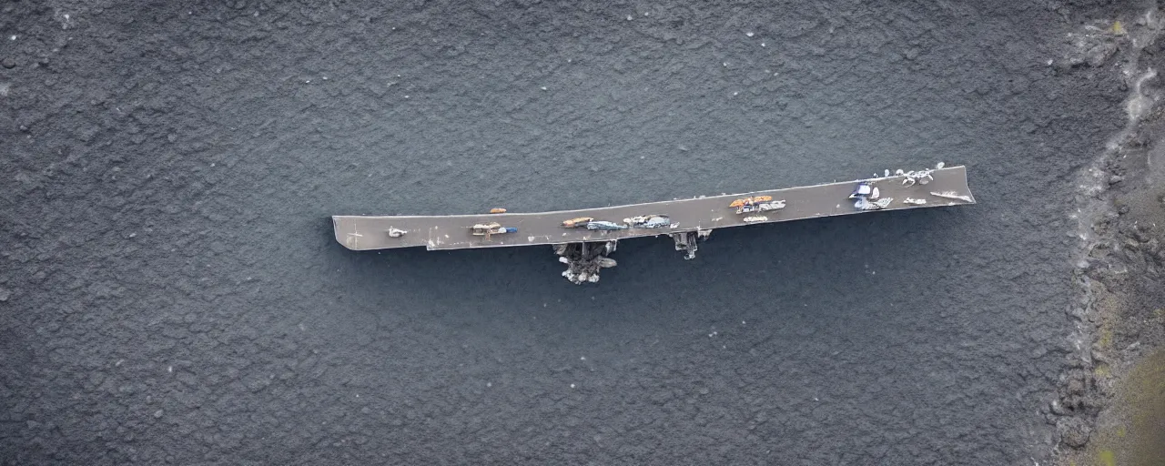 Image similar to low level cinematic aerial shot of abandoned aircraft carrier in the middle of black sand beach in iceland