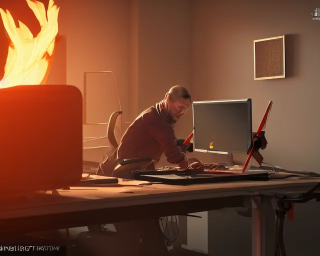 Image similar to a man works at a workstation in a very hot office with burning fires, local close up, featured in artstation, octane render, intricate, ultra detailed, fantasy, concept art, sharp focus, illustration, 8 k