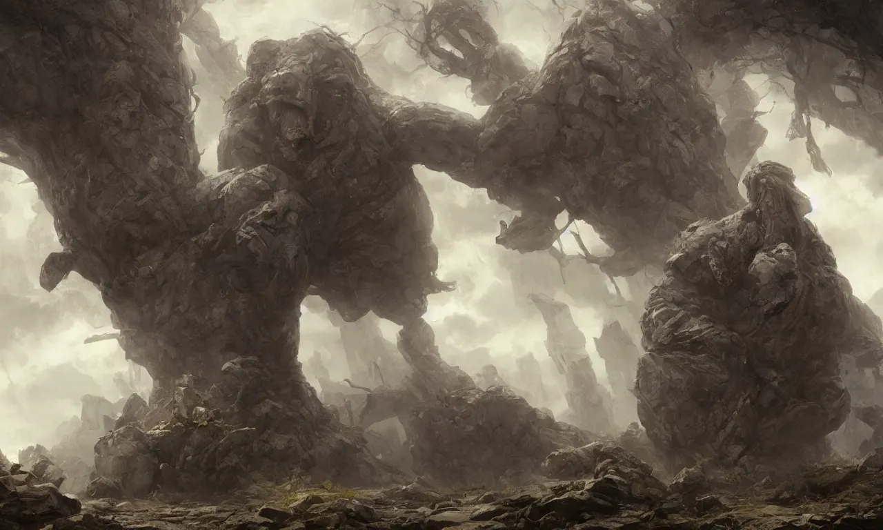 Image similar to angry stone giant. tooth wu, edward gorey, greg rutkowski, andreas achenbach, artgerm, mikko lagerstedt, zack snyder, tokujin yoshioka