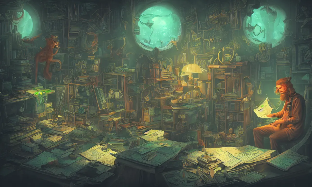 Image similar to workstations, kerberos realm, faked ticket close up, wizard reading a directory, nordic forest colors, 3 d art, digital illustration, perfect lighting