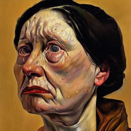 Image similar to Oil painting Portrait of a sad Woman, by Lucian Freud, Abstract brush strokes, Masterpiece