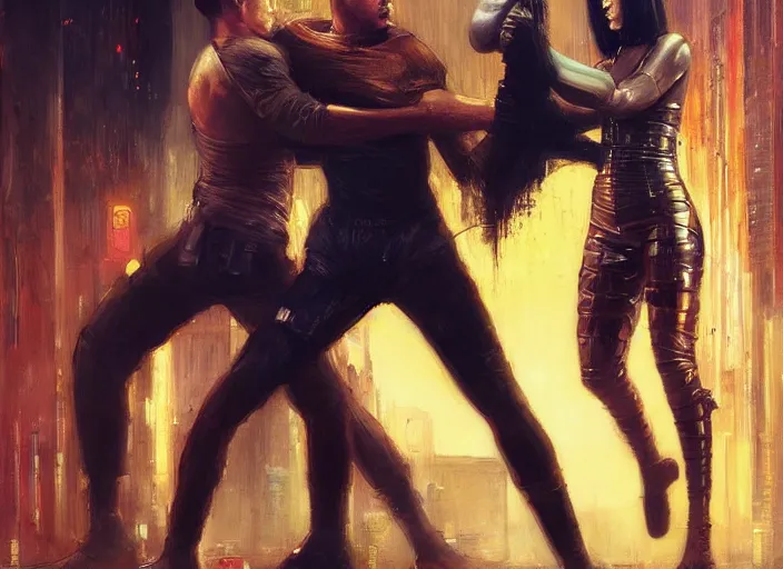 Image similar to blade runner fighting android 🤼 ( blade runner 2 0 4 9, cyberpunk 2 0 7 7 character design ). orientalist portrait by john william waterhouse and james gurney and theodore ralli and nasreddine dinet, oil on canvas. cinematic, hyper realism, realistic proportions, dramatic lighting, high detail 4 k