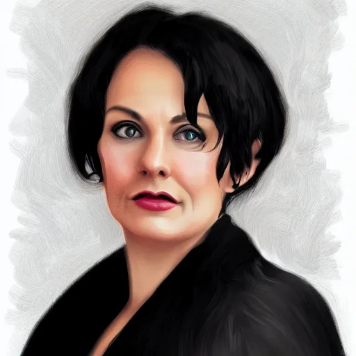 Prompt: a digital portrait of a 49 year old with black hair,hazel green eyes, drawn in the style of mark Arian