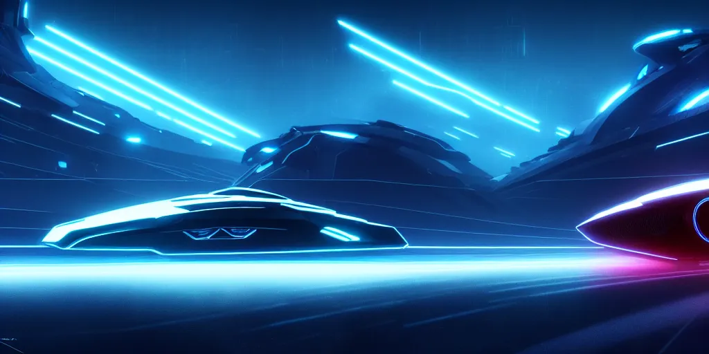 Image similar to a beautiful spaceship in the style of tron legacy, concept art, ominous, darksynth, illuminated lines, outrun, vaporware, misty, dark background, muted colors, by ridley scott and denis villeneuve, dramatic lighting, 8 k