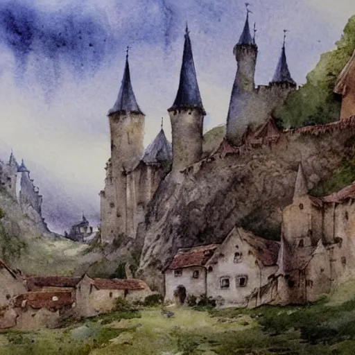 Prompt: landscape with a medieval gothic castle and a medieval village in a valley, watercolor illustration by Jean-Baptiste Monge