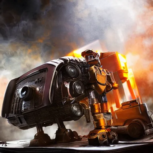 Image similar to head of toaster oven mecha, dark messy smoke - filled cluttered workshop, dark, dramatic lighting, orange tint, cinematic, highly detailed, sci - fi, futuristic, movie still